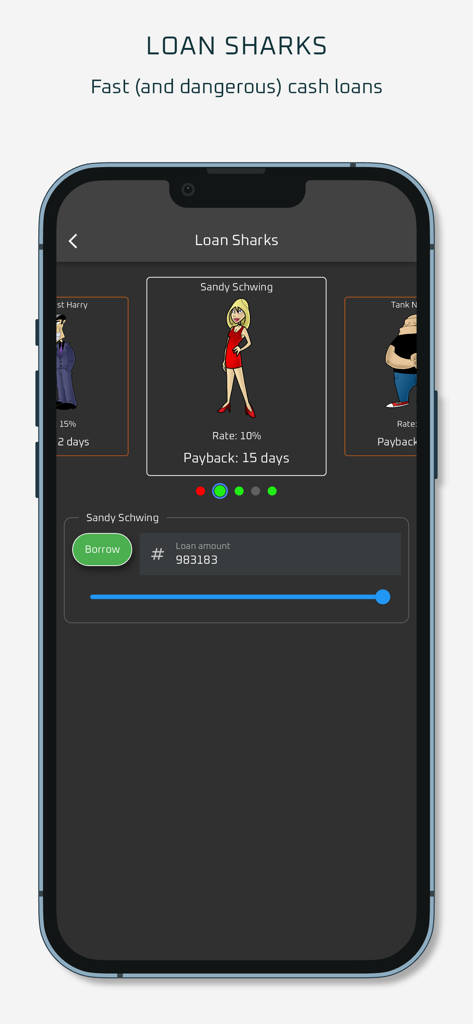 Dope Wars Weed Edition mobile game screen showing the loan sharks interface with character Sandy Schwing