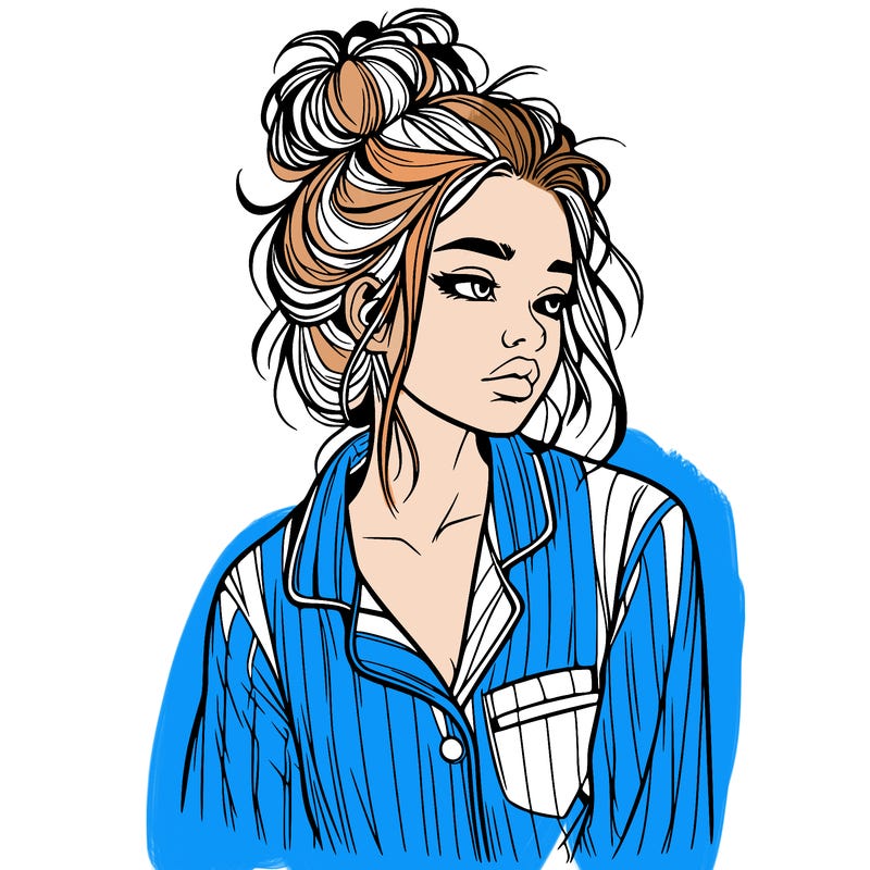 realistic woman with pajamas on and a messy bun