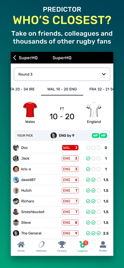 Superbru Rugby app predictor leaderboard showing match scores and user rankings