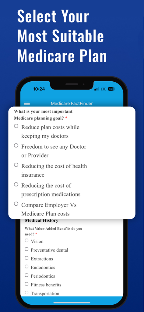 Medicare FactFinder questionnaire screen for selecting healthcare goals and benefits
