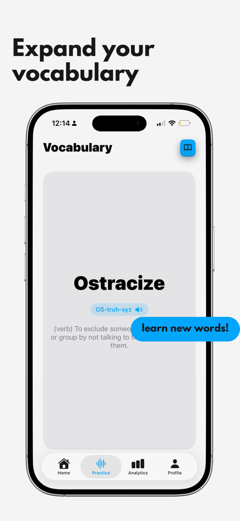 Kodi AI: Speaking Coach - Kodi AI vocabulary mode screen showing the word ostracize with its definition and pronunciation