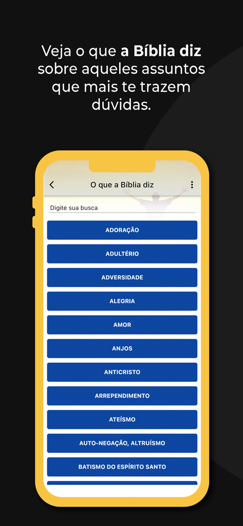 Interface da secao O que a Biblia diz do aplicativo Biblia Sagrada Mobidic com lista de temas para estudo