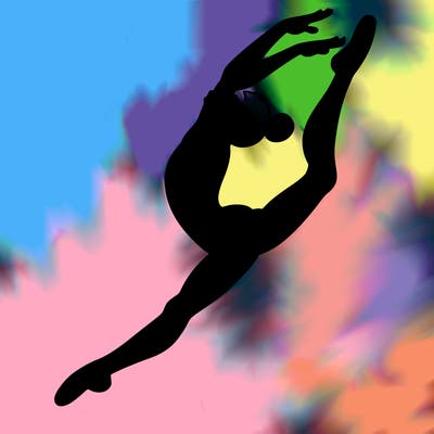 gymnast doing a leap in a leotard with a bent back leg