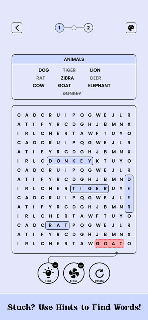 Word Search - Super Hard - Captura de pantalla del juego Word Search Super Hard mostrando un puzle de categoría de animales con palabras encontradas y un sistema de pistas.
