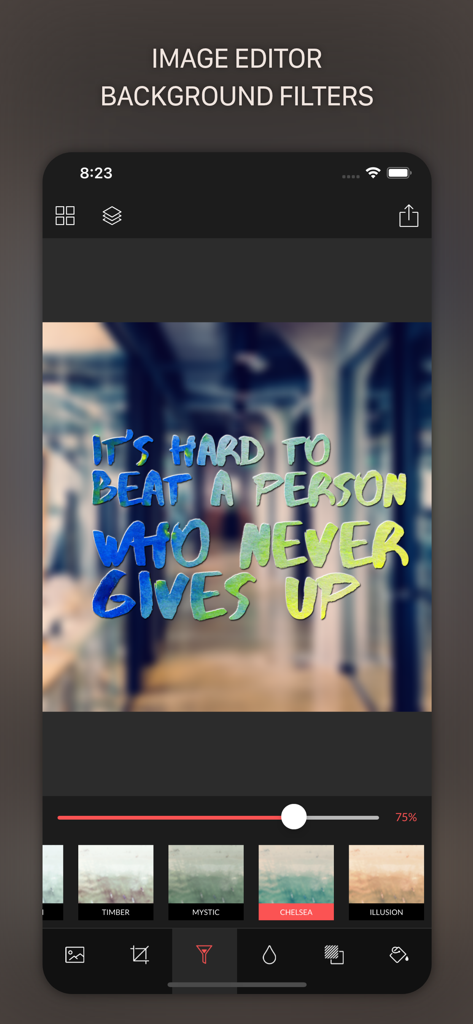 TypiMage-App Bildeditor zeigt Hintergrundfilter für ein motivierendes Zitat-Poster