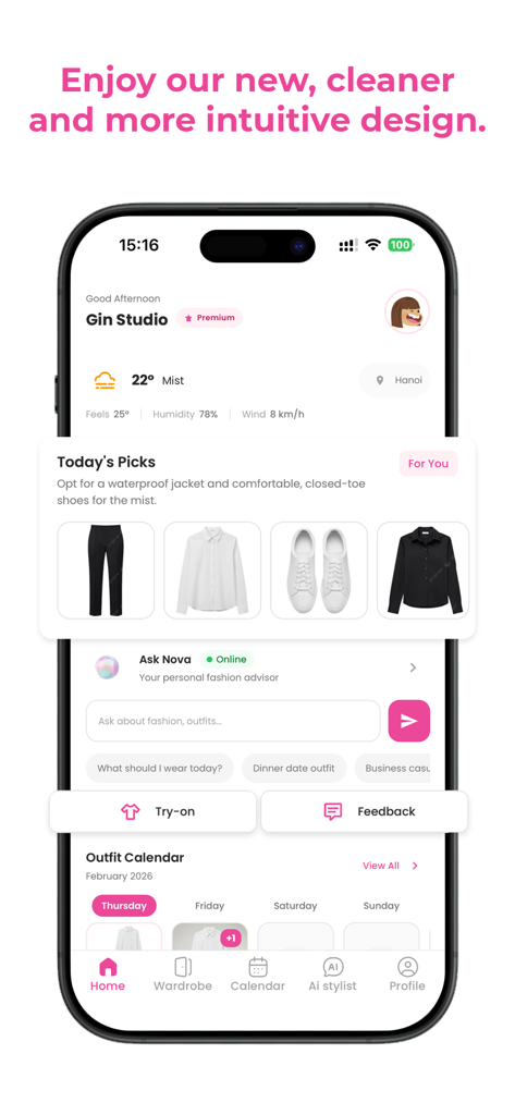 Startbildschirm der Sty AI App, der wetterbasierte Outfit-Auswahlmöglichkeiten und eine Chat-Oberfläche eines KI-Modeassistenten zeigt.