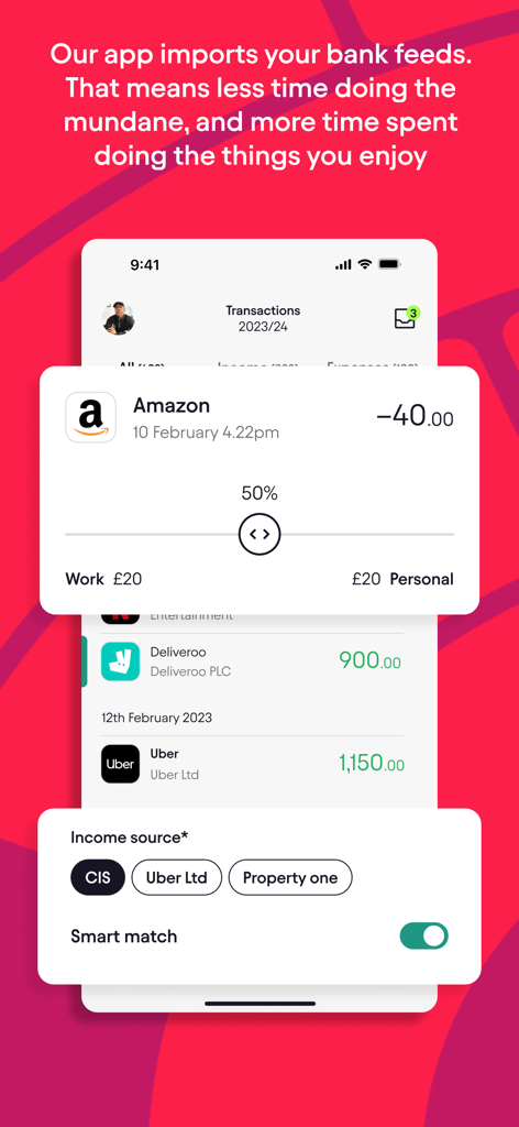 @Pie Tax - Mobile app interface showing bank feed imports and a feature to split transactions between work and personal expenses