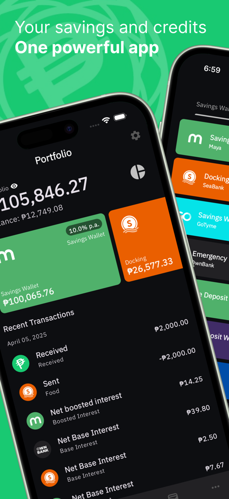 Finnest App interface showing savings portfolio and transaction history with interest tracking