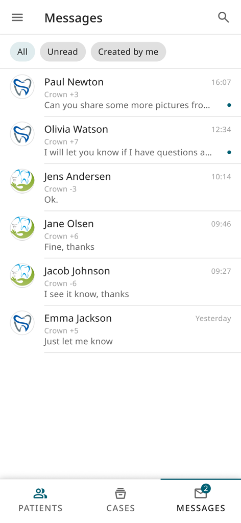 3Shape Unite Cloud - 3Shape Unite Cloud messaging screen for dental case collaboration