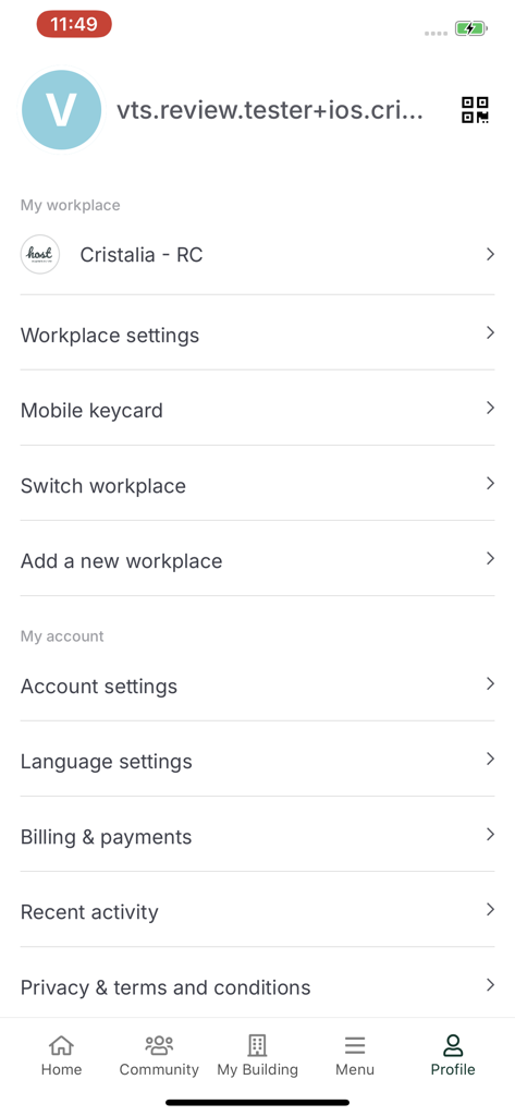 Cristalia - Pantalla de configuración de perfil de usuario y lugar de trabajo en la aplicación Cristalia para inquilinos.