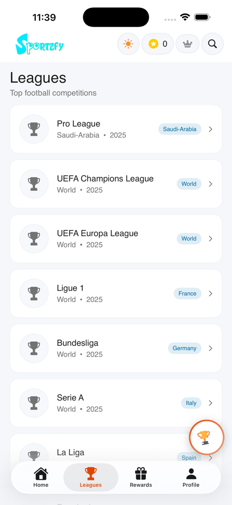 Sportzfy app leagues screen showing top international football competitions including UEFA Champions League and Ligue 1