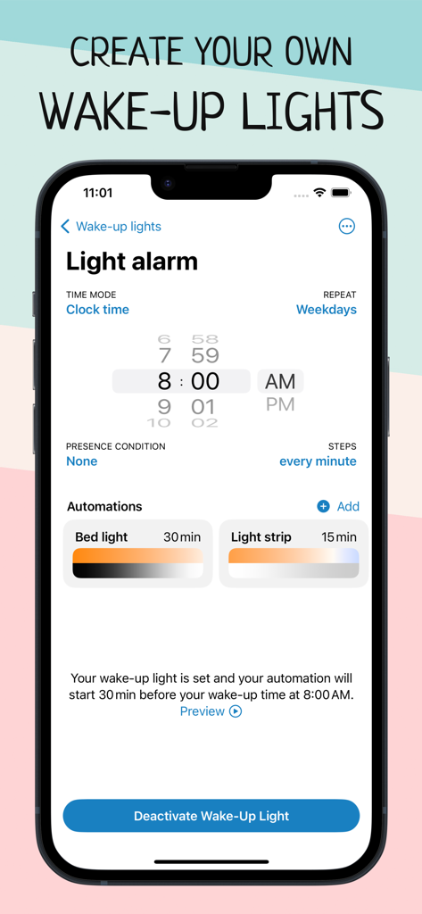 Wake Up Light – Sunrise Alarm - Écran de smartphone montrant les paramètres de réveil par lever de soleil pour les lumières et les automatisations de la maison intelligente