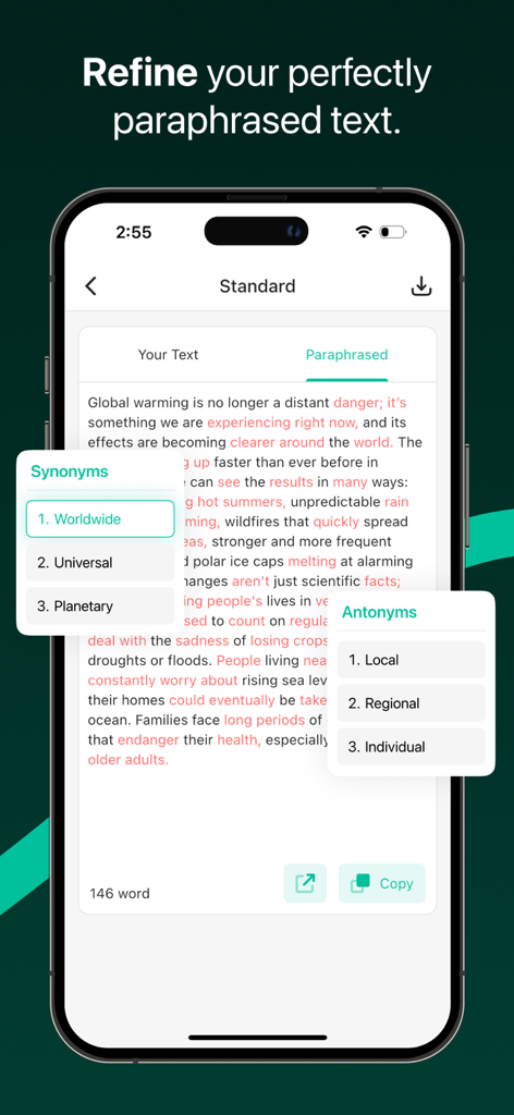 텍스트 정제를 위한 동의어 및 반의어를 보여주는 Paraphrasing Tool 앱의 인터페이스