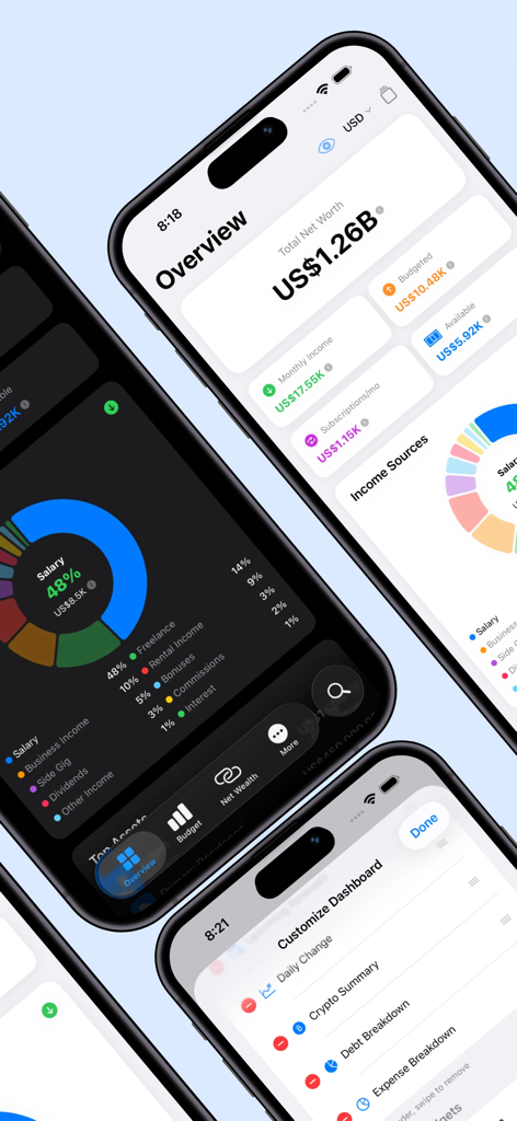 Wealth - All in One Tracker - Screenshot dell'app Wealth tracker che mostra la dashboard del patrimonio netto e widget finanziari personalizzabili