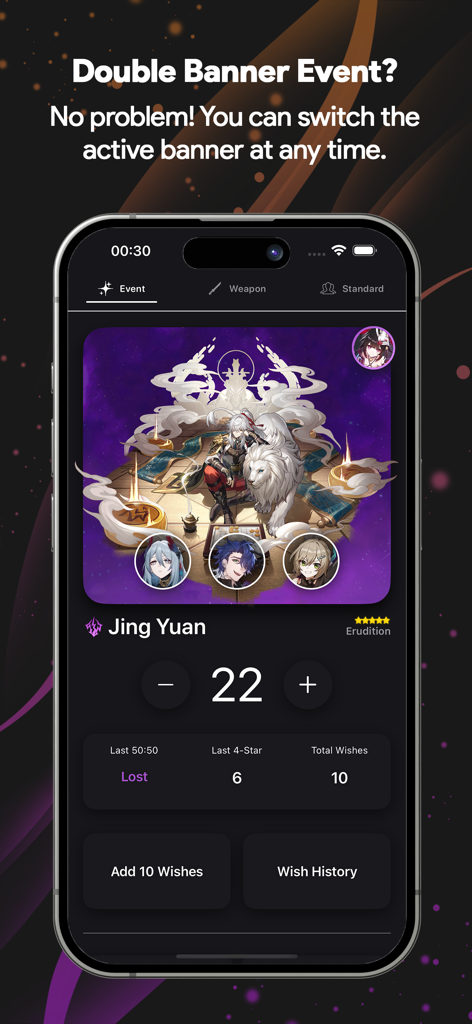 HSR WishCounter - A mobile interface for HSR WishCounter showing pull counts and stats for the Jing Yuan event banner.