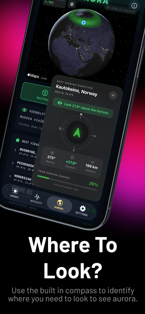 SOL.SWx: Aurora & Sun Tracker - Interface do aplicativo SOL.SWx mostrando a bússola de aurora com rolamento e elevação para visualização ideal da Aurora Boreal.