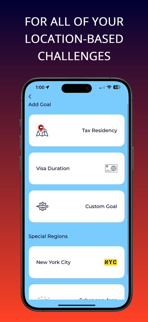 Chrono: Time in Place - A mobile screen showing the Chrono app Add Goal menu with options for tax residency visa duration and special regions like New York City