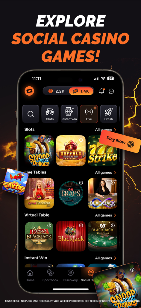 ReBet: Social Sports & Casino - Rebet app interface showing a variety of social casino games including slots and live tables