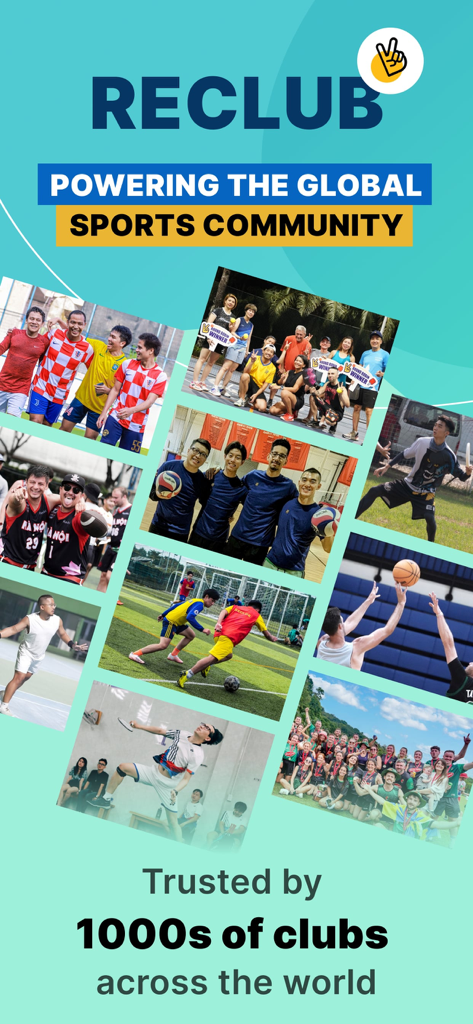 A collage showing various groups of people playing sports like soccer volleyball and basketball under the Reclub logo and slogan Powering the Global Sports Community