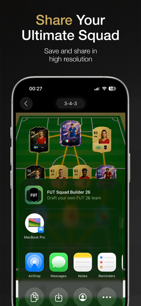 FUT Squad Builder FC 26 - Mobile app interface showing the share menu to save and share a custom soccer squad