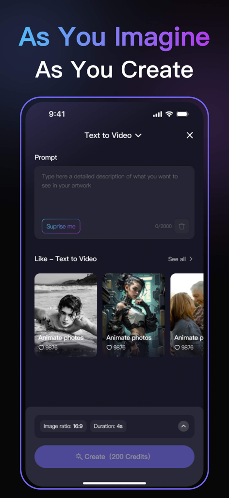 Dreamlux mobile app showing text to video generation interface and prompt input