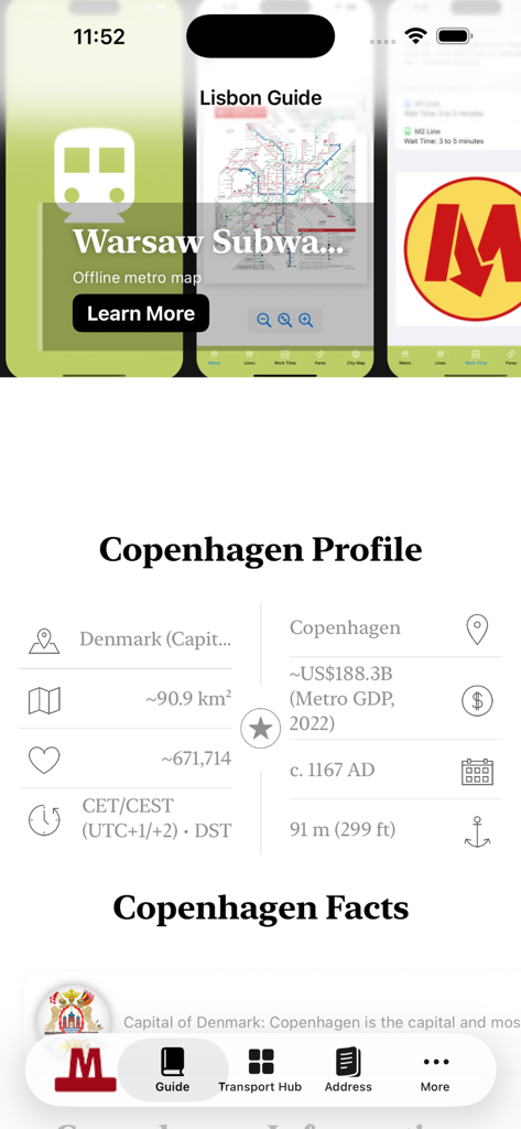 Copenhagen Profile screen in the app showing city facts and statistics