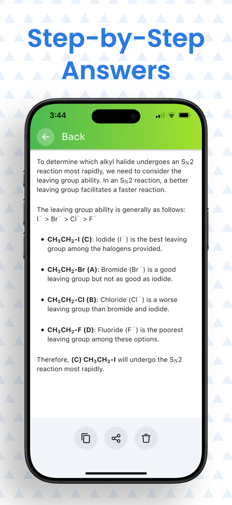 Science AI: Homework Solver - Una pantalla de aplicación móvil que muestra una solución química detallada paso a paso para una reacción de haluro de alquilo.