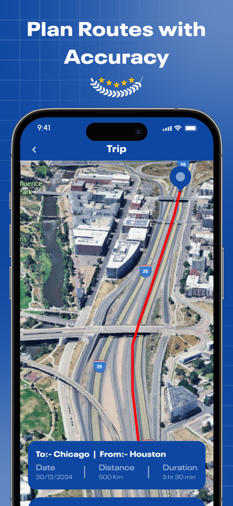 Smart Truck Route Nav - IFTA - Eine Satellitenkartenansicht einer LKW-Navigationsroute zwischen Houston und Chicago mit Reisedetails