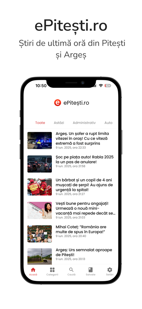 Un iPhone affichant l'application mobile ePitești.ro avec des titres d'actualités locaux de Pitești et d'Argeș en Roumanie.