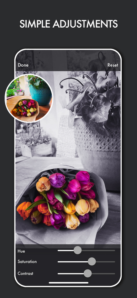 색조 채도 및 대비 슬라이더가 있는 꽃다발의 선택적 색상 사진 편집을 보여주는 스마트폰 화면