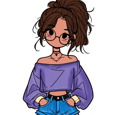 girl with a messy ponytail glasses a baggy crop top and jean shorts