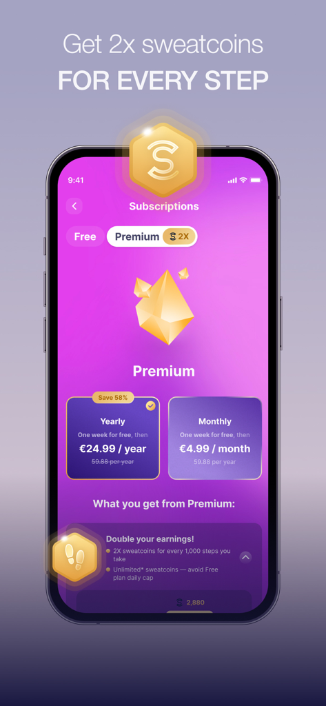 Sweatcoin Walking Step Counter - Interfaz de la aplicación Sweatcoin que muestra opciones de suscripción premium con precios anuales y mensuales para duplicar las ganancias de pasos