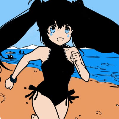 a anime girl in a bikini running on the beach