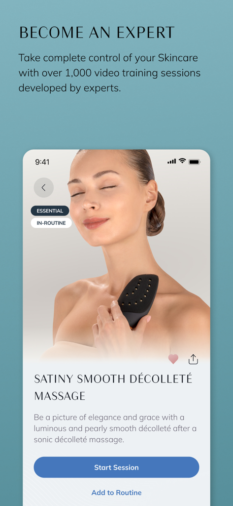 GESKE: German Beauty Tech - A woman using a GESKE beauty device for a décolleté massage session within the app.