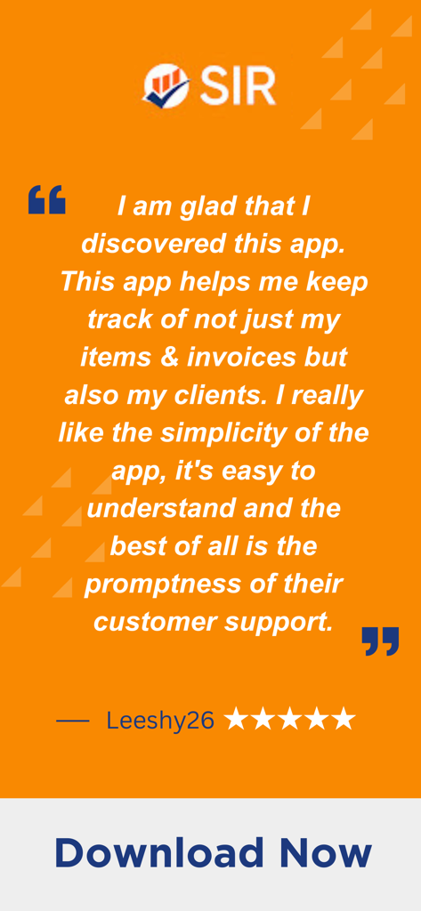 Simple Invoice Maker & Receipt - Reseña positiva de 5 estrellas para la aplicación SIR Simple Invoice Maker elogiando su simplicidad y soporte al cliente.