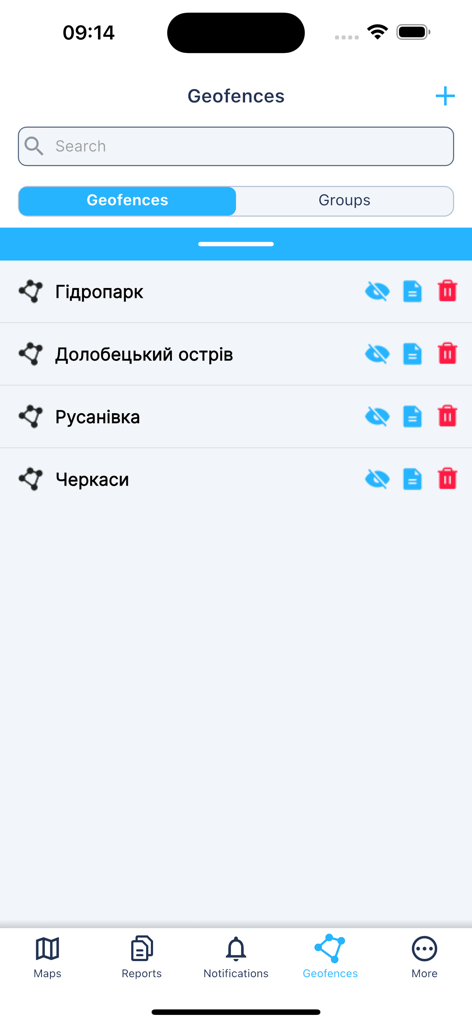 M2M App Geofences management screen showing a list of tracked locations in Ukrainian.