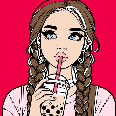 realistic girl with braided hair drinking boba