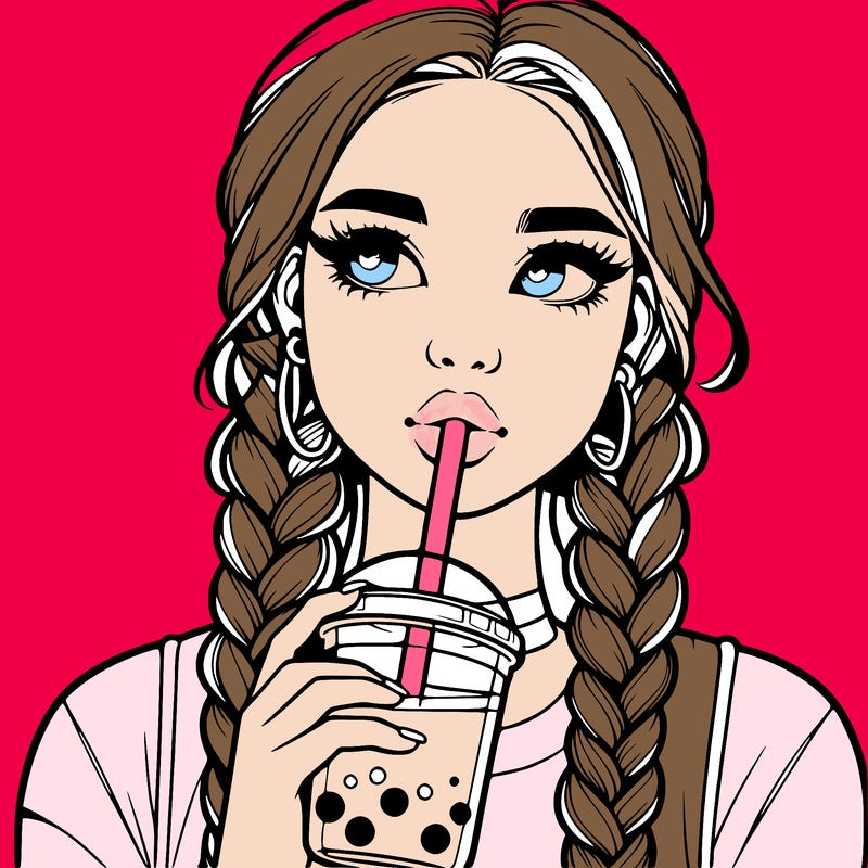 realistic girl with braided hair drinking boba