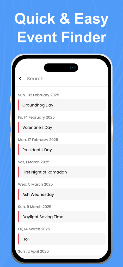 Week Calendar - Event Manager - IPhone interface showing a list of upcoming holidays and events like Valentines Day and Ramadan in the Week Calendar app