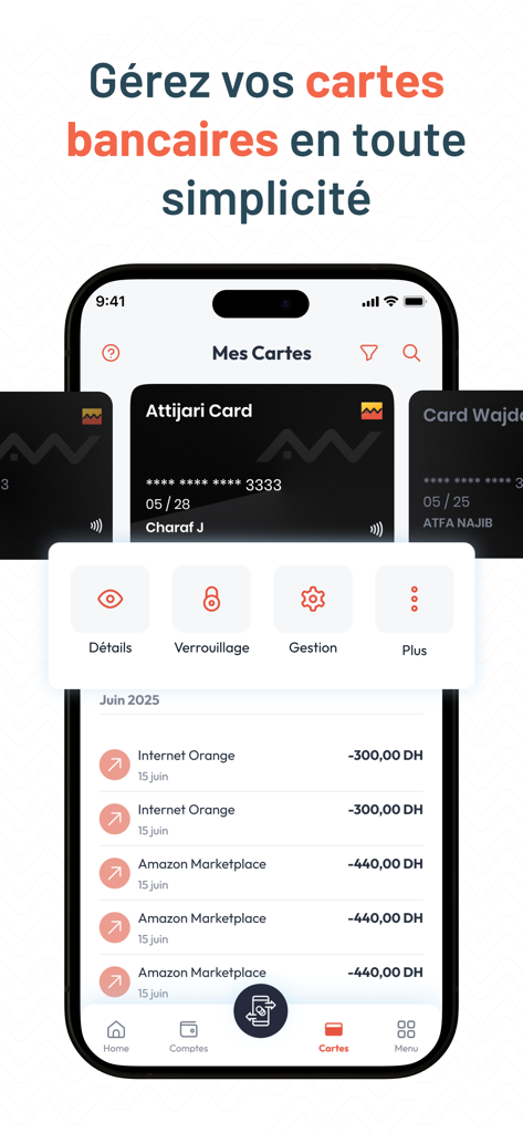 Attijari Mobile - L'interface de l'application mobile Attijari affiche la gestion des cartes bancaires et les transactions récentes.