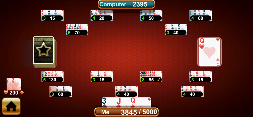 Canasta classic Royale Offline - Classic Canasta card game interface showing card melds and player scores on a red tabletop background