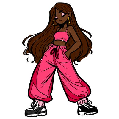 girl in baggy pants crop top and long hair