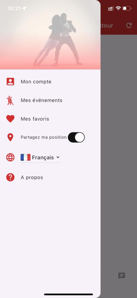 KizZy - Side navigation menu of the KizZy Kizomba social app showing user account and event settings