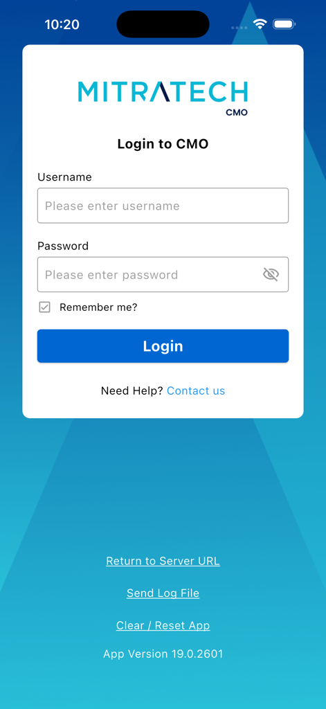 Login screen of the CMO Compliance V19 mobile app showing fields for username and password with a blue login button.