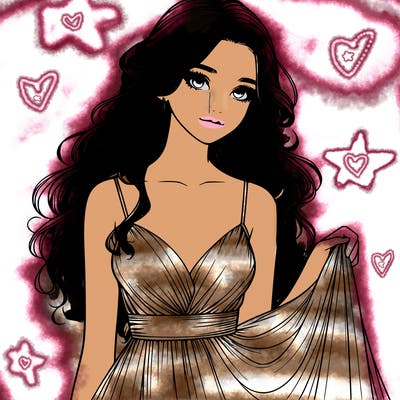 realistic girl in flowy silky prom dress