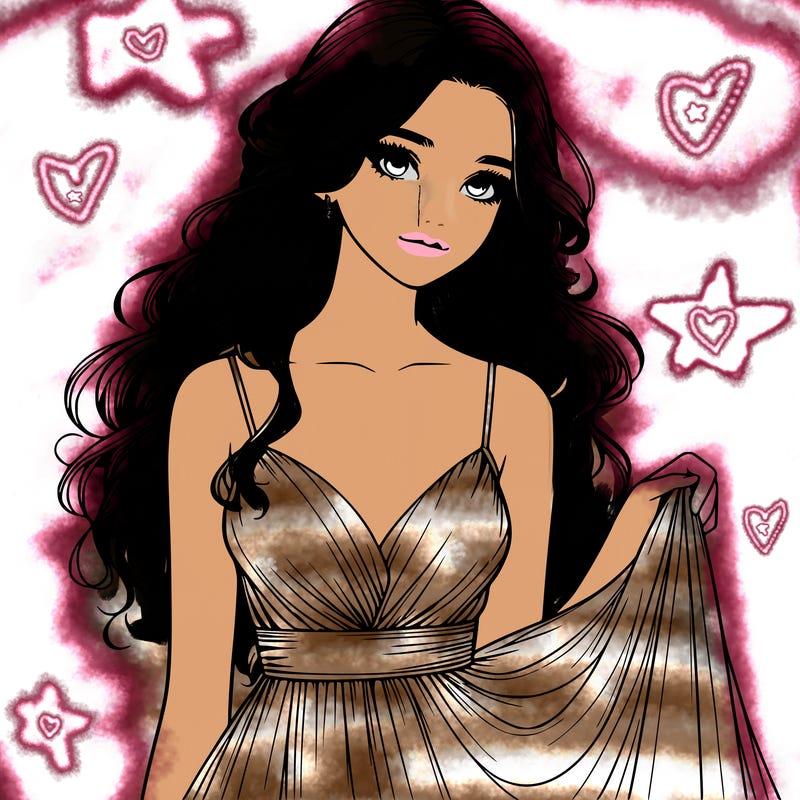 realistic girl in flowy silky prom dress