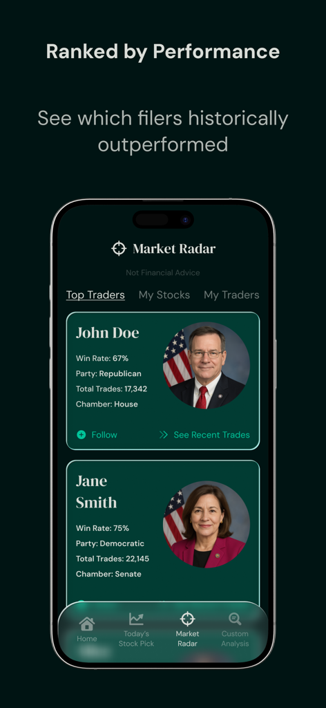TradeGenius: Insider Trading - TradeGenius app showing politician stock trading performance rankings and win rates