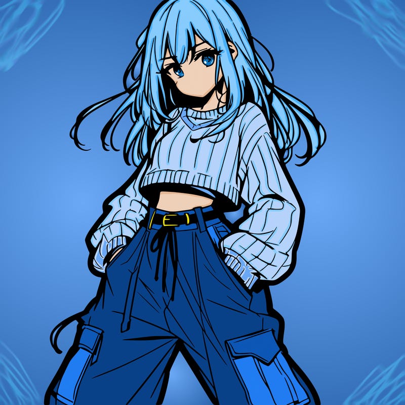 anime teen girl with baggy pants and crop top with sweater