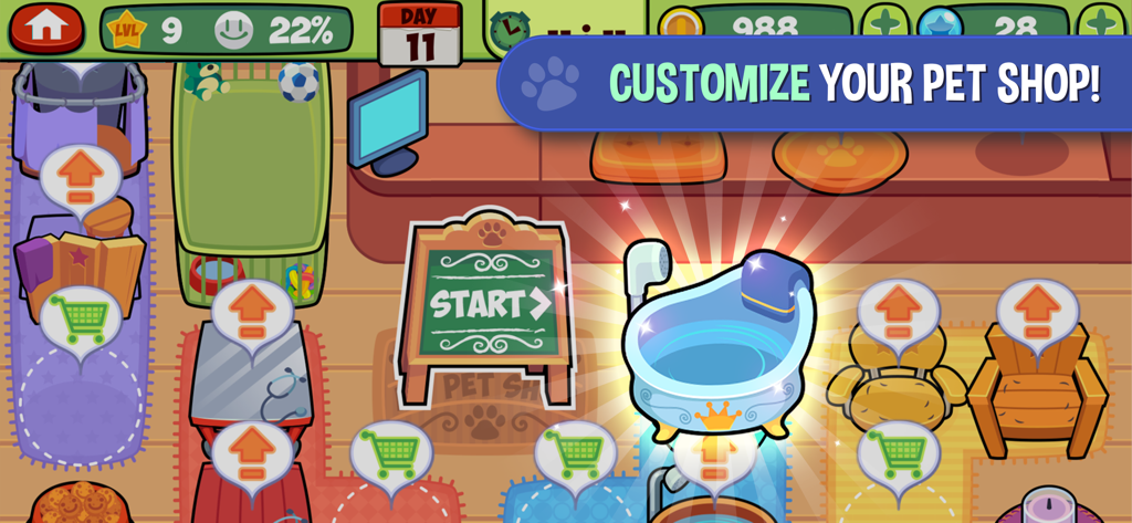 My Virtual Pet Shop: Vet Salon - Shop customization screen featuring a glowing bathtub upgrade in My Virtual Pet Shop