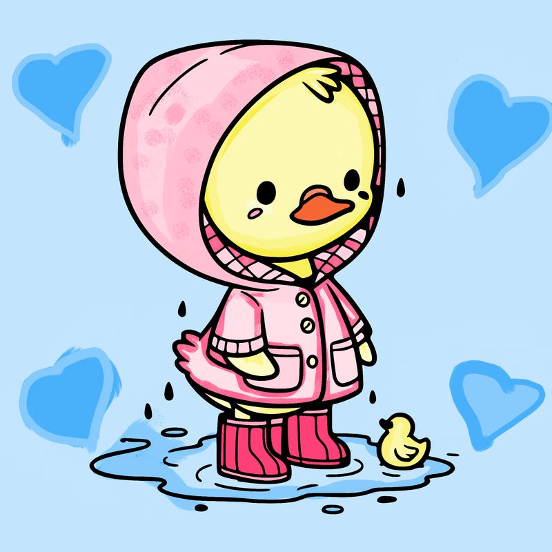 baby duck in a rain coat and boots, in a puddle while it’s raining